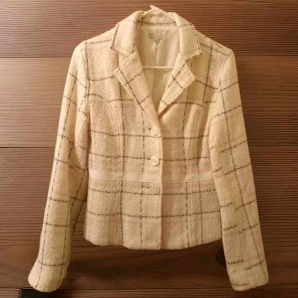 Sashimi Jackets & Blazers - Sashimi Plaid Wool Blend Cream Pink Grey Cinched Three Button Open Cuff